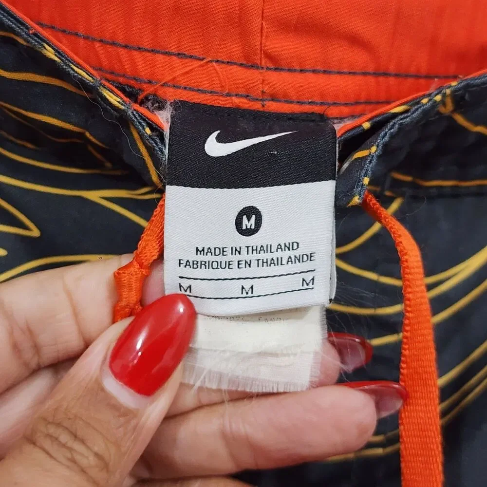 Vintage NIKE Board Shorts Swim Trunks Mens XL Black Orange Flame AOP Drawstring